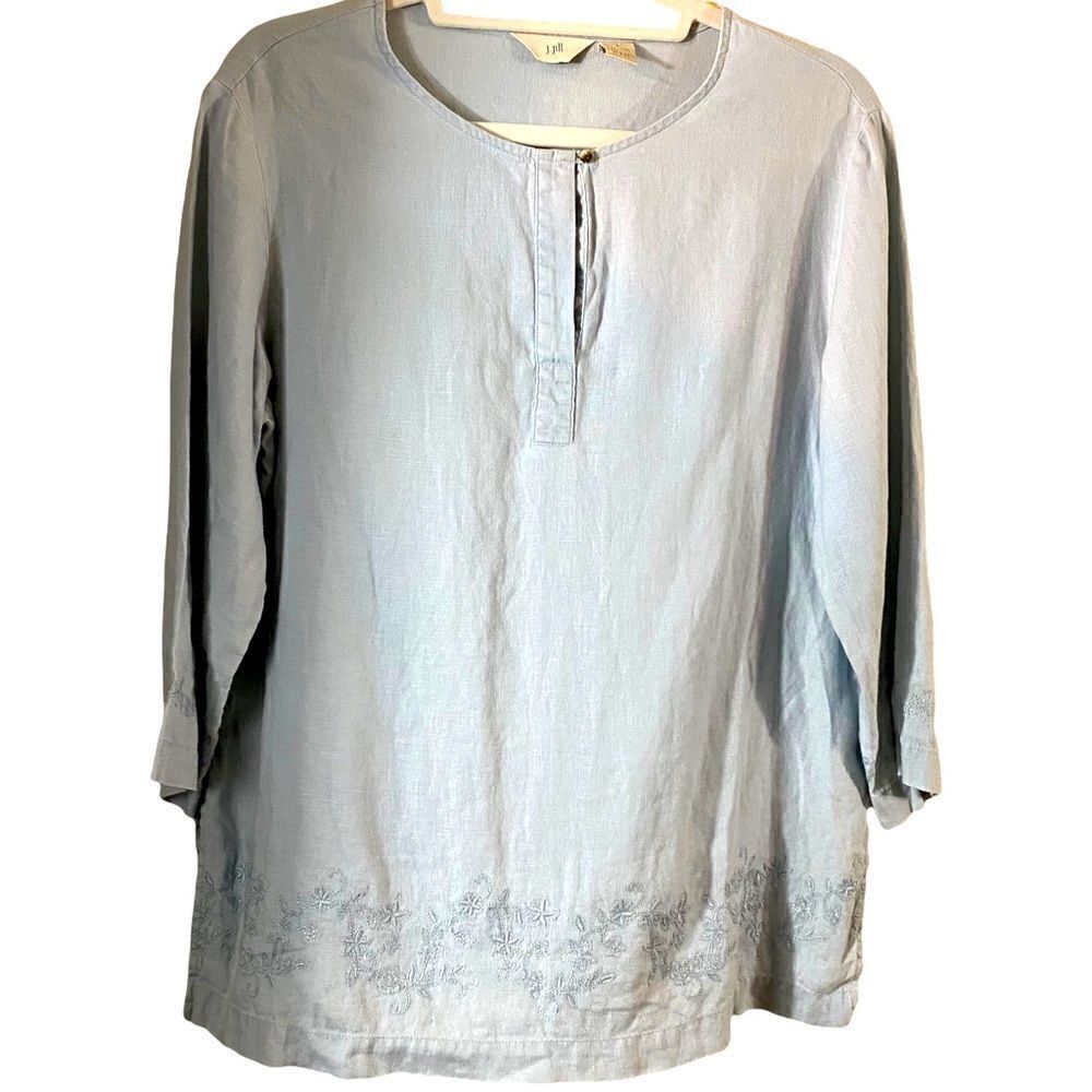 J.Jill Blue Linen Floral Embroidered Blouse Size Small